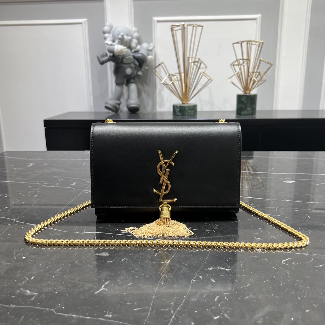 Saint Laurent Kate Small Grain Calfskin shoulder Bag Handbag Black 474366 Gold